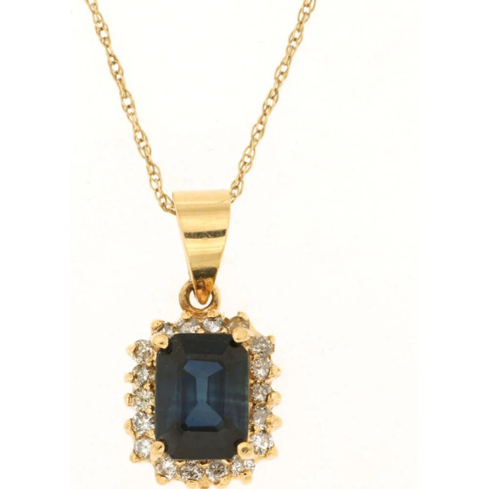 14K Yellow Gold Sapphire & Diamond Pendant with 1.20 Carats Emerald Cut Sapphire and Round Diamonds - Royal Jewelry