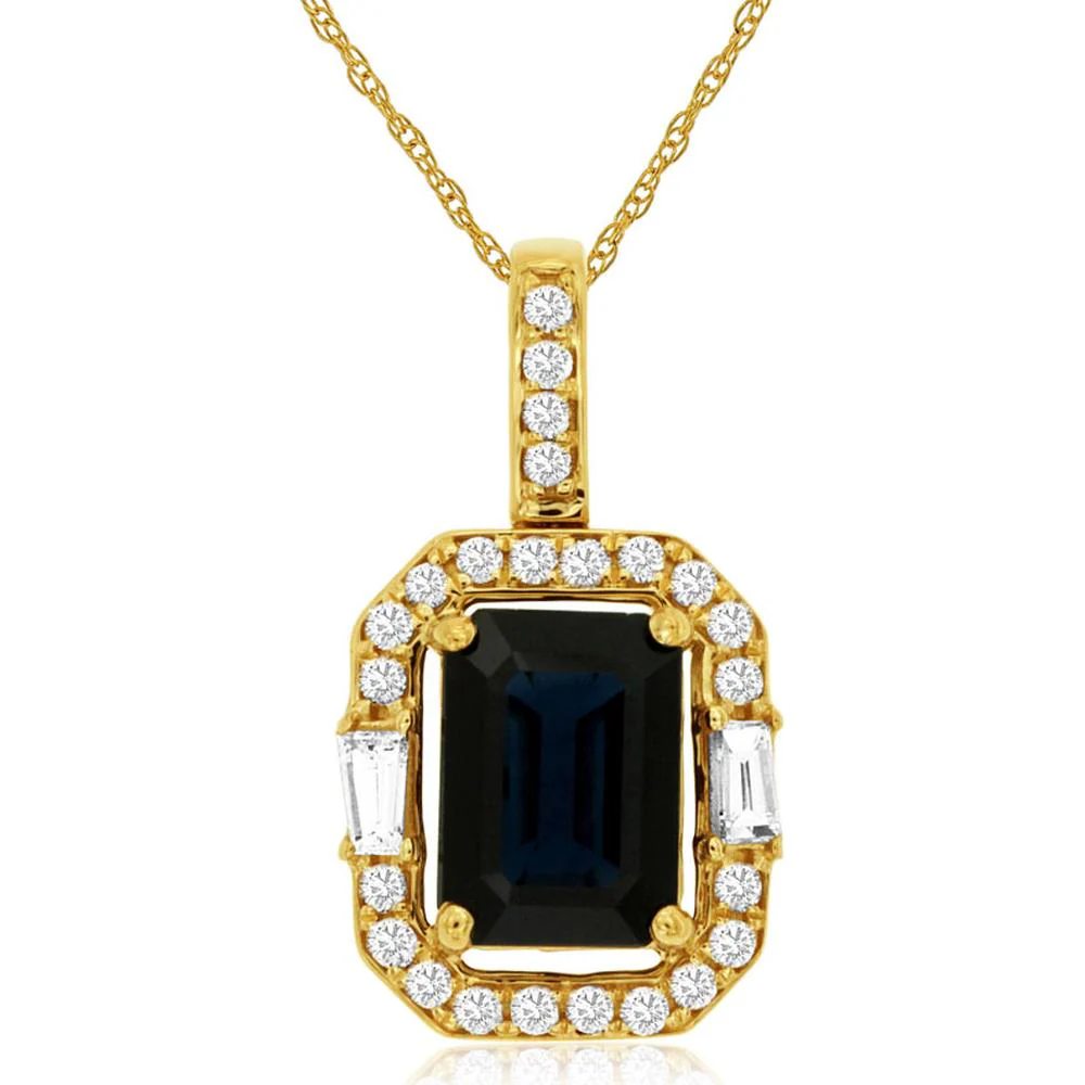 14K Yellow Gold Sapphire & Diamond Pendant with Emerald Cut Sapphire - 1.85 Carats Sapphire, 0.27 Carats Total Diamond Weight - Royal Jewelry