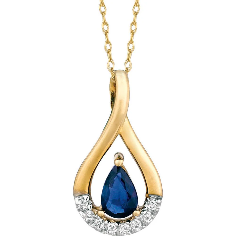 14K Yellow Gold Sapphire & Diamond Pendant with Pear-Shaped Sapphire - 0.55 Carats Sapphire & 0.06 Carats Total Diamond Weight - Royal Jewelry