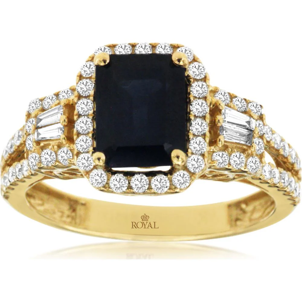 14K Yellow Gold Sapphire & Diamond Ring with Baguette & Round Diamonds - 2.43 Carats Total Weight - Royal Jewelry