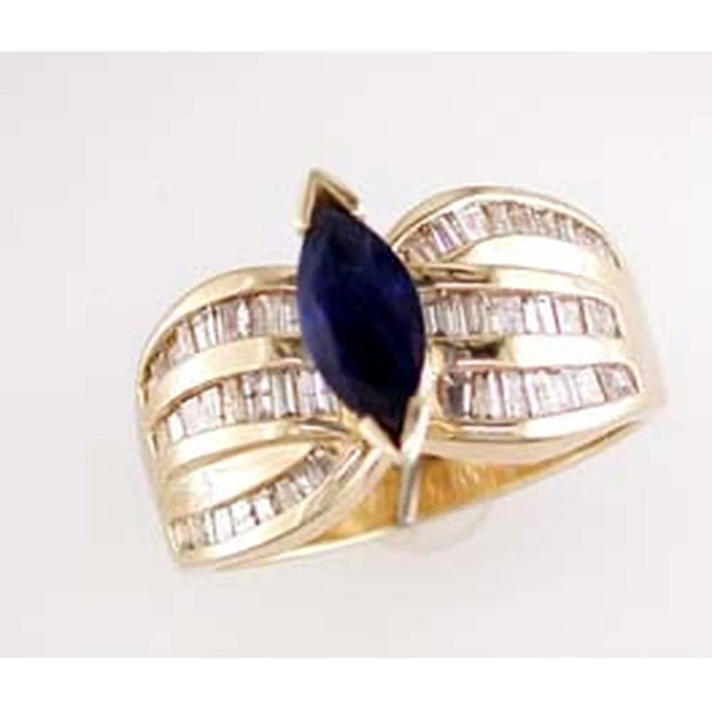 14K Yellow Gold Sapphire & Diamond Ring with Marquise Sapphire and Baguette Diamonds - 1.90 Carats Total Gem Weight - Royal Jewelry