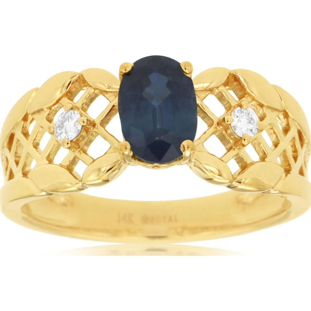 14K Yellow Gold Sapphire & Diamond Ring with Oval Sapphire - 1.10 Carats Total Gemstone Weight - Royal Jewelry