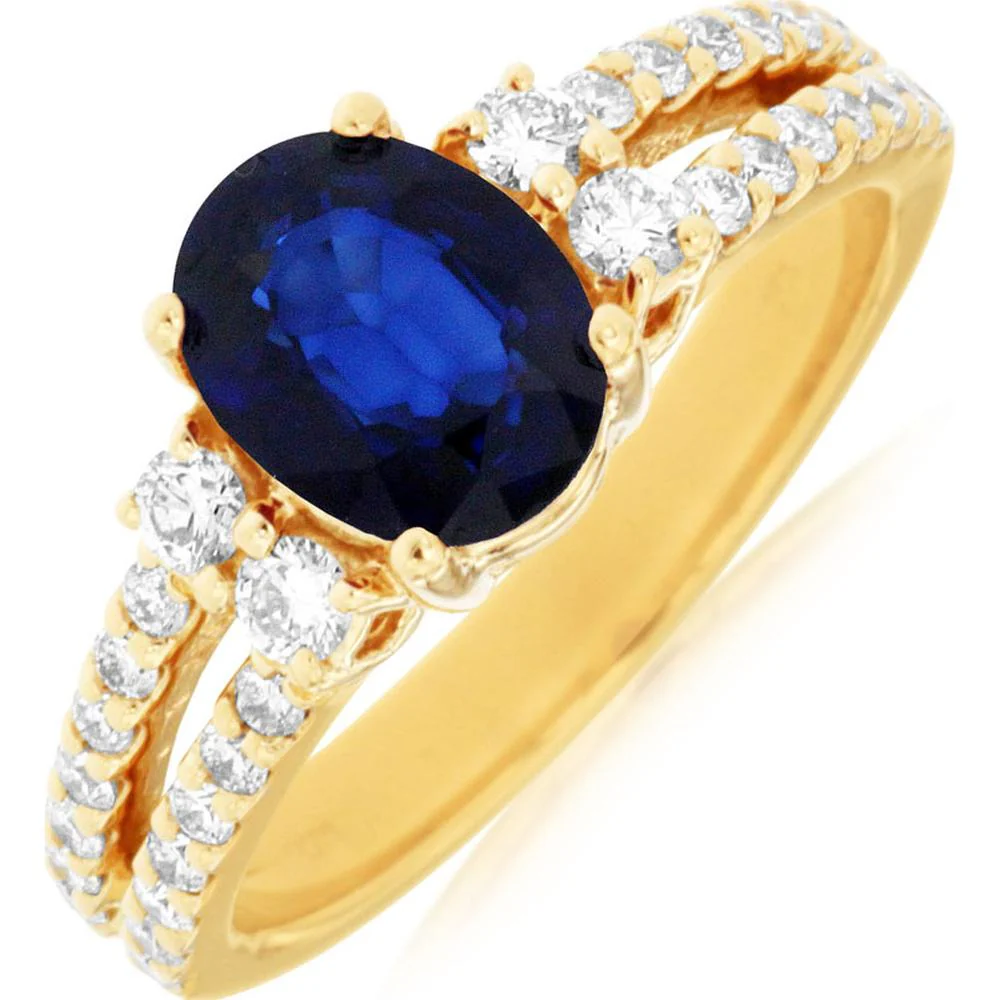 14K Yellow Gold Sapphire & Diamond Ring with Oval Sapphire - 2.05 Carats Total Gemstone Weight - Royal Jewelry