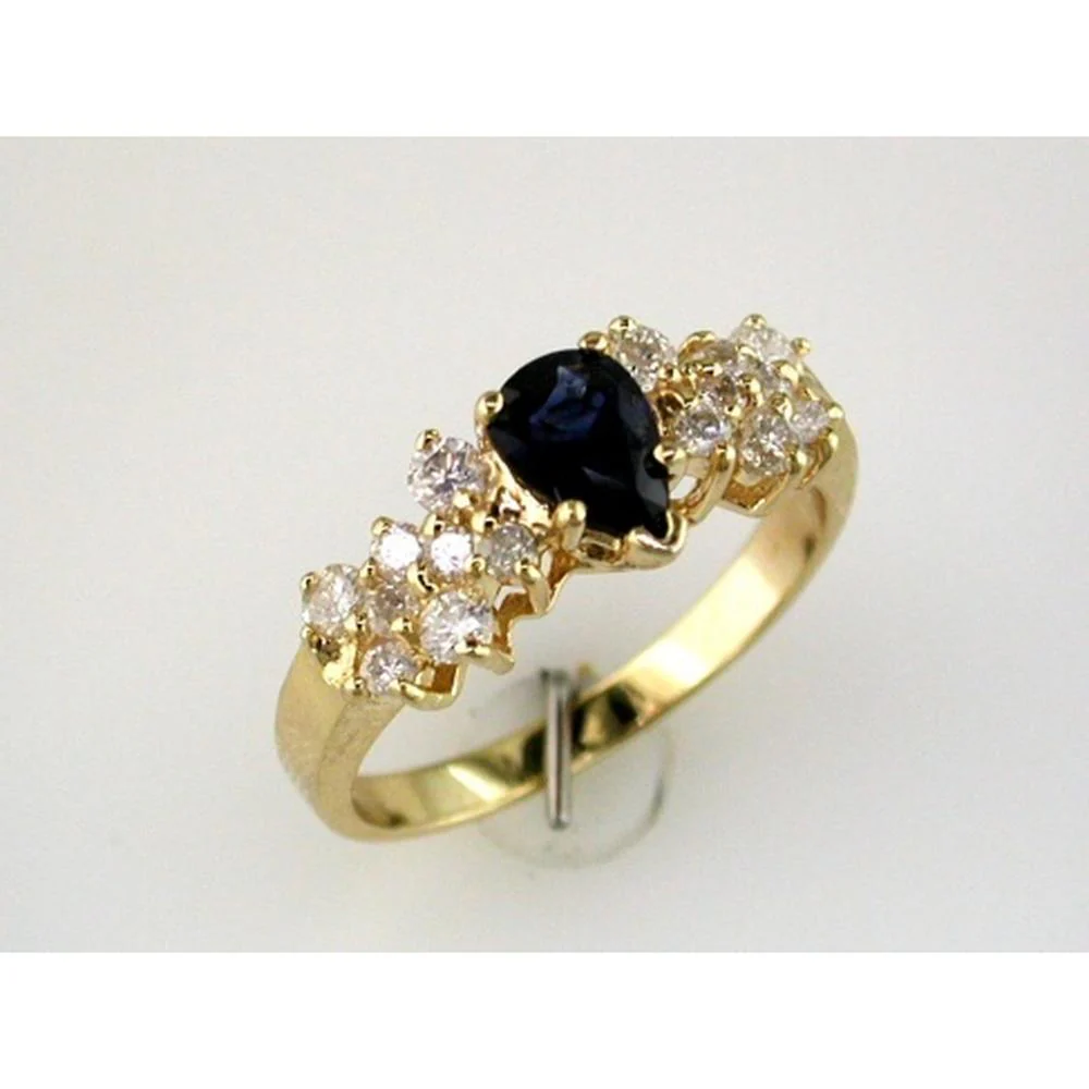 14K Yellow Gold Sapphire & Diamond Ring with Pear Shape Sapphire - 1.25 Carats Total Weight - Royal Jewelry