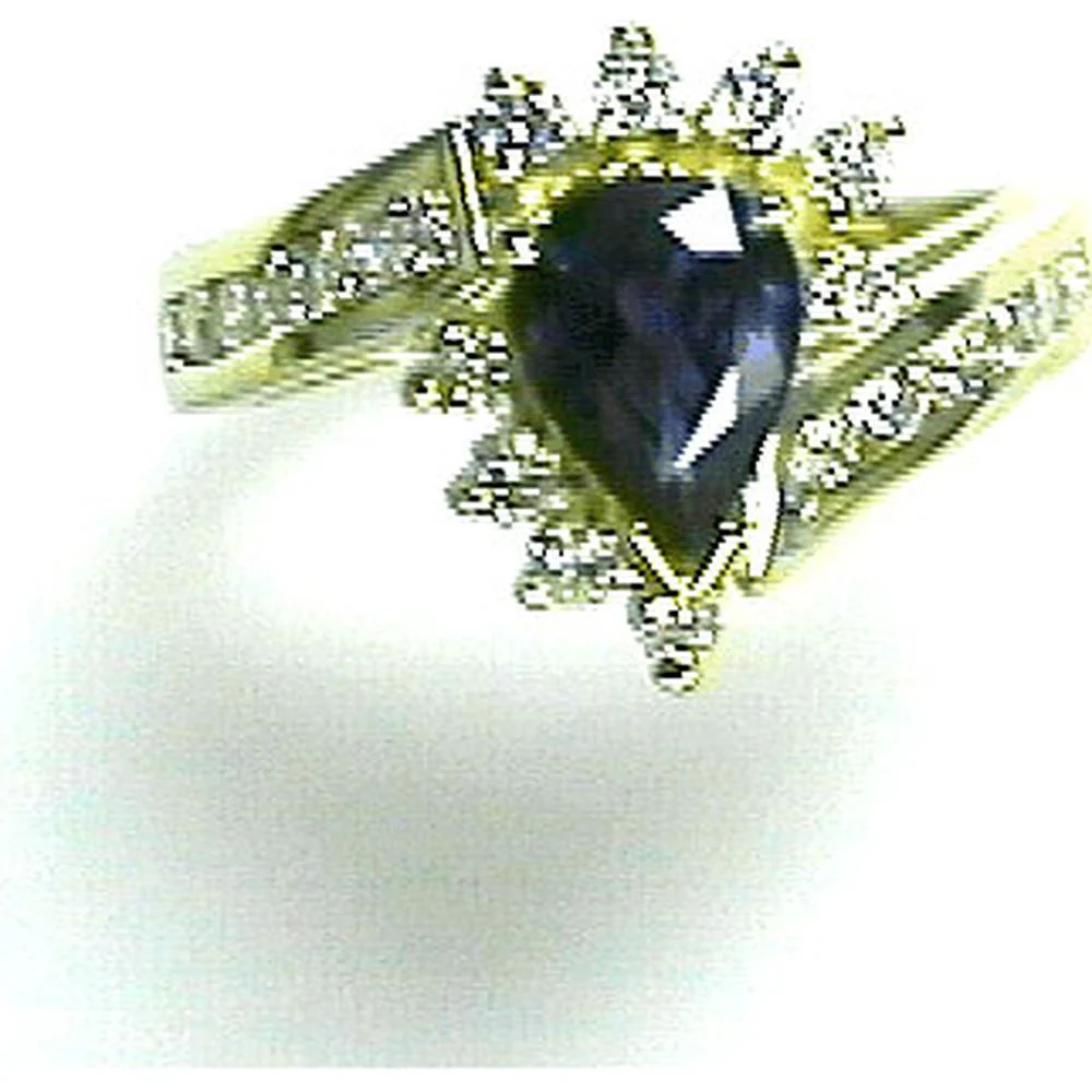 14K Yellow Gold Sapphire & Diamond Ring with Pear-Shaped Sapphire and Round Diamonds - 1.25 Carats Sapphire, 0.65 Carats Total Diamond Weight - Royal Jewelry