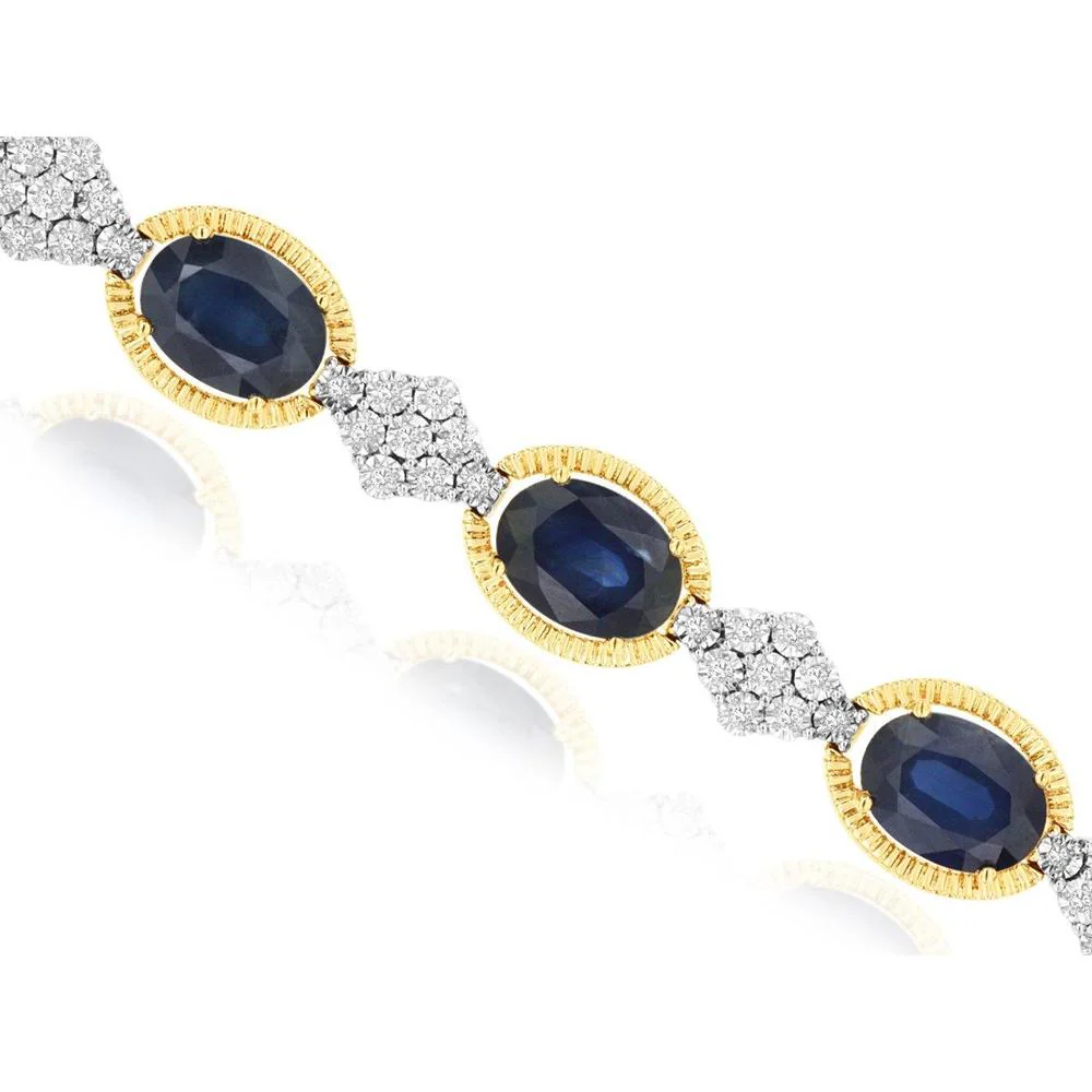 14K Yellow Gold Sapphire and Diamond Station Bracelet with Oval Sapphires and Diamond Clusters - 11 Carat Total Sapphire Weight and 0.33 Carat Total Diamond Weight - Royal Jewelry