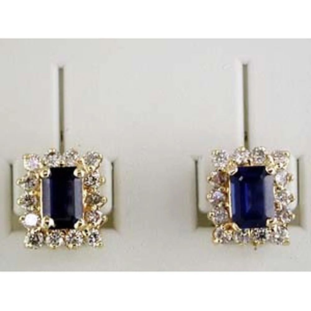 14K Yellow Gold Sapphire & Diamond Stud Earrings with Emerald-Cut Sapphires - 1.75 Carats Total Gem Weight - Royal Jewelry