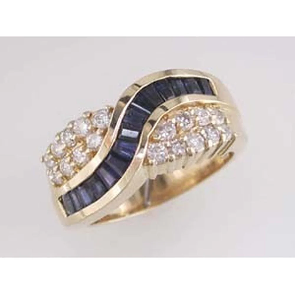 14K Yellow Gold Sapphire and Diamond Wave Ring - 1.75 Carats Total Weight - Royal Jewelry