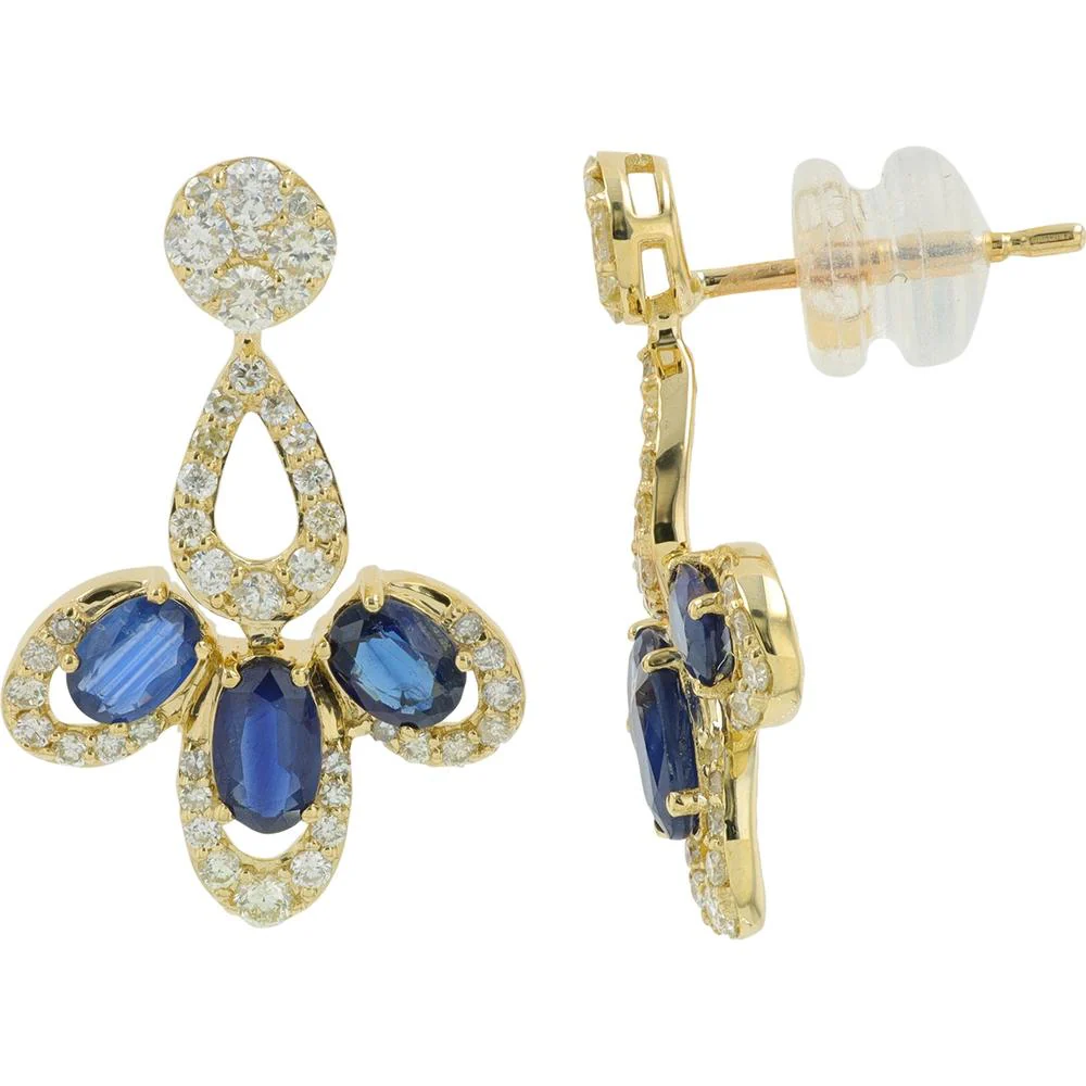 14K Yellow Gold Sapphire Earrings with Diamond Halo - 1.32 Carat Total Sapphire Weight, 0.67 Carat Total Diamond Weight - Image 2