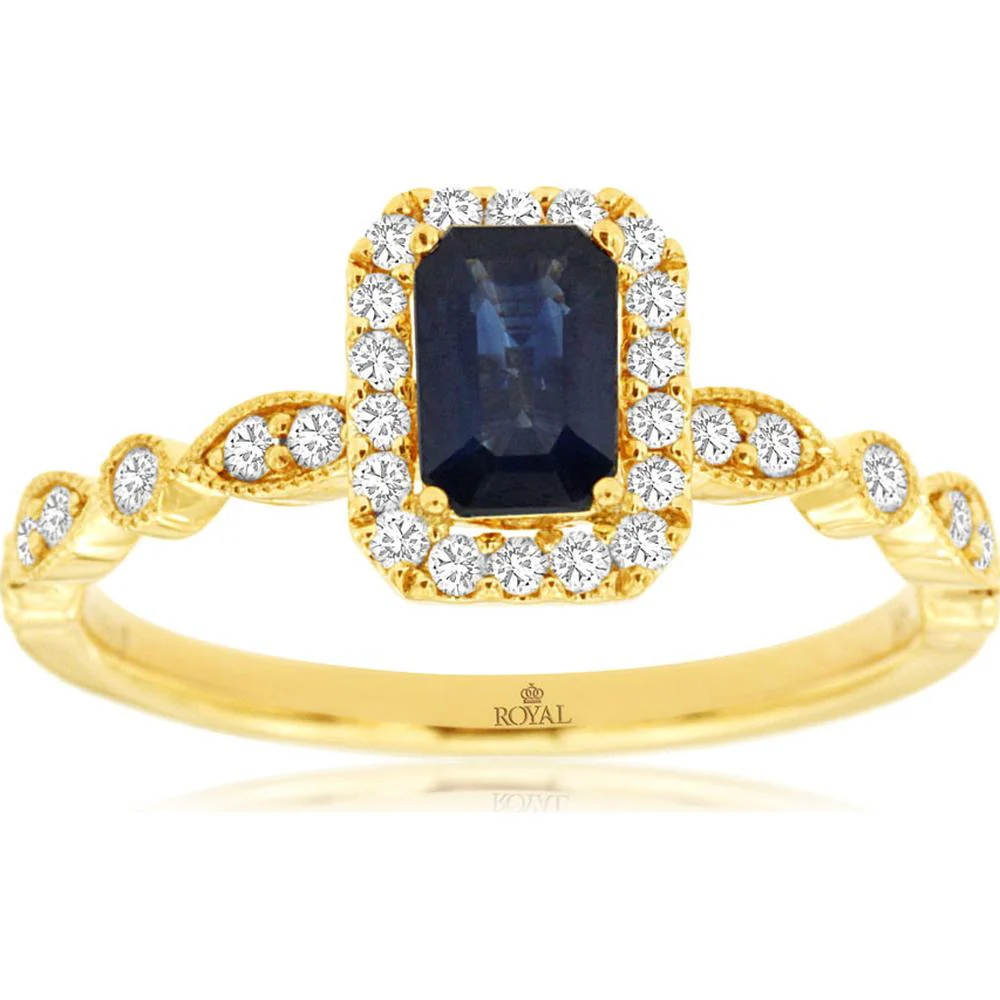 14K Yellow Gold Sapphire Halo Ring with Emerald-Cut Blue Sapphire and Round Diamond Accents - 0.70 Carat Sapphire and 0.26 Carat Total Diamond Weight - Royal Jewelry