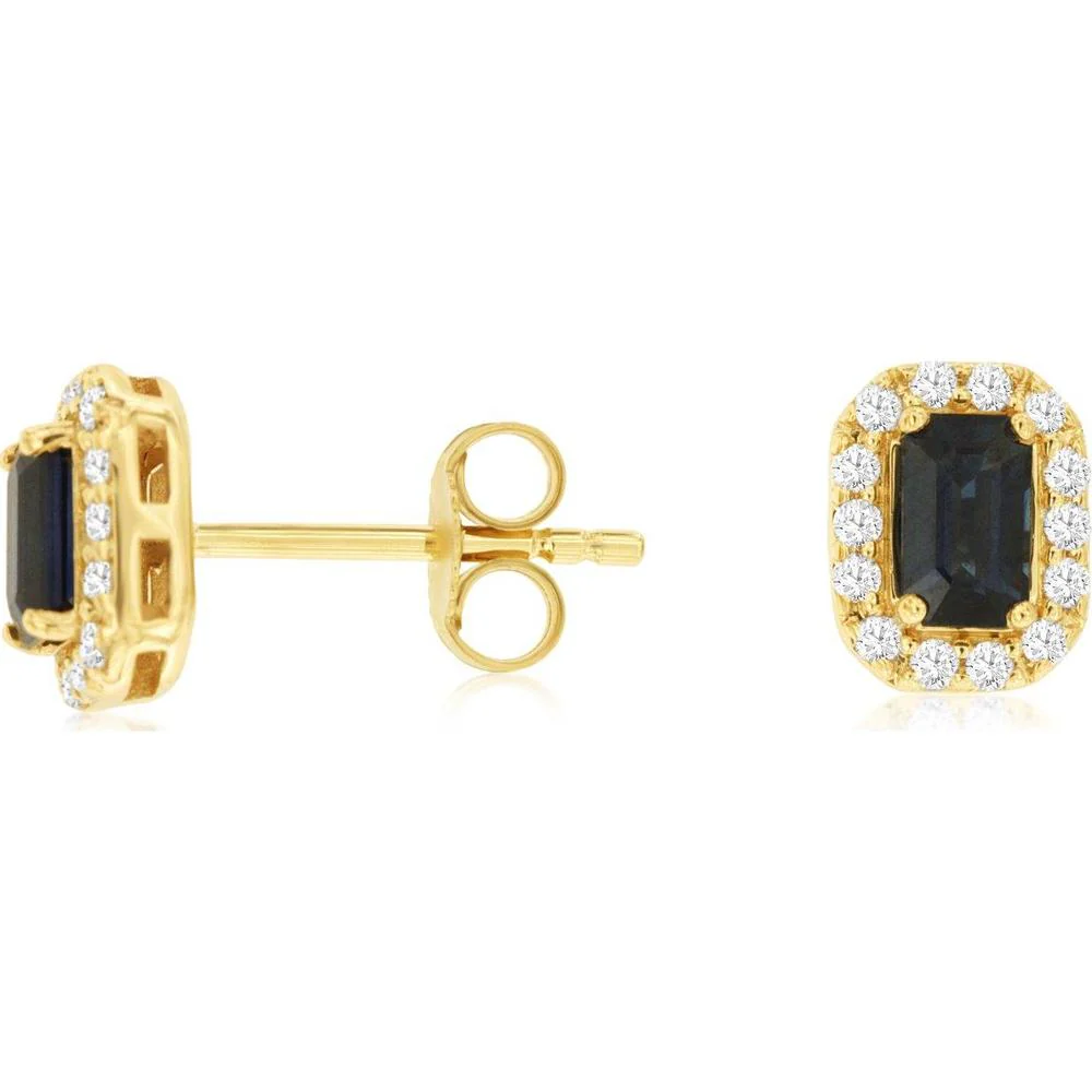14K Yellow Gold Sapphire Stud Earrings with Diamond Halo - 0.74 Carat Total Sapphire Weight & 0.20 Carat Total Diamond Weight - Royal Jewelry