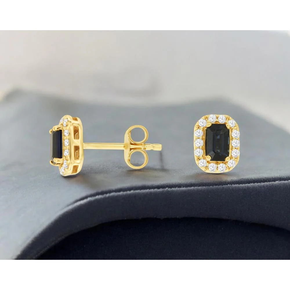 14K Yellow Gold Sapphire Stud Earrings with Diamond Halo - 0.74 Carat Total Sapphire Weight & 0.20 Carat Total Diamond Weight - Royal Jewelry - Image 2