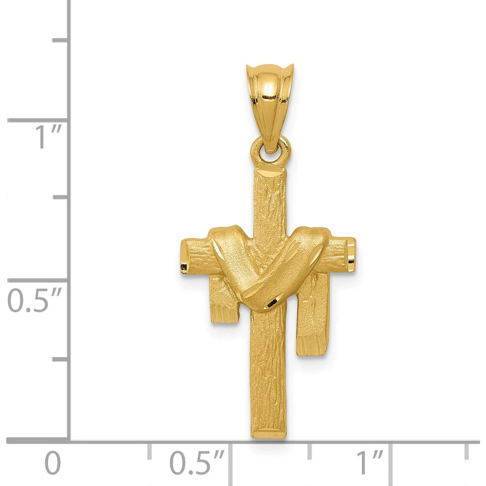14K Yellow Gold Satin Draped Cross Pendant - 30mm Length by Oro Pregiato - Image 3