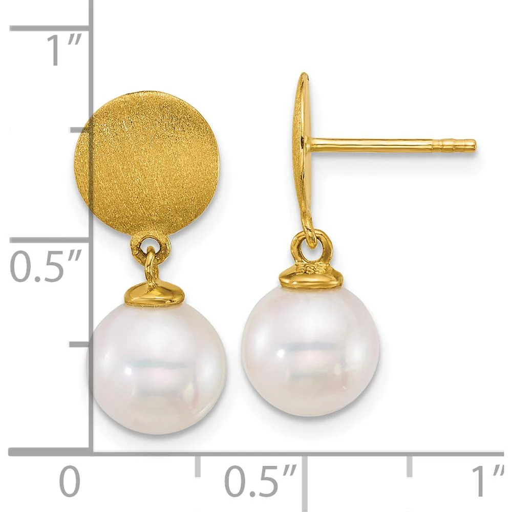 14K Yellow Gold Satin Finish 8-9mm White South Sea Cultured Pearl Dangle Earrings by Monteluci Fine Jewelry - Image 3