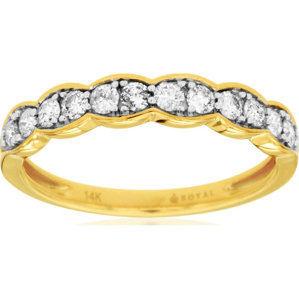 14K Yellow Gold Scalloped Diamond Wedding Band with Shared Prong Set Round Diamonds - 0.40 Carat Total Diamond Weight - Royal Jewelry