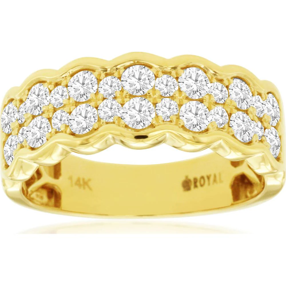 14K Yellow Gold Scalloped Wave Diamond Wedding Band with Round Brilliant Cut Diamonds - 0.95 Carat Total Diamond Weight - Royal Jewelry