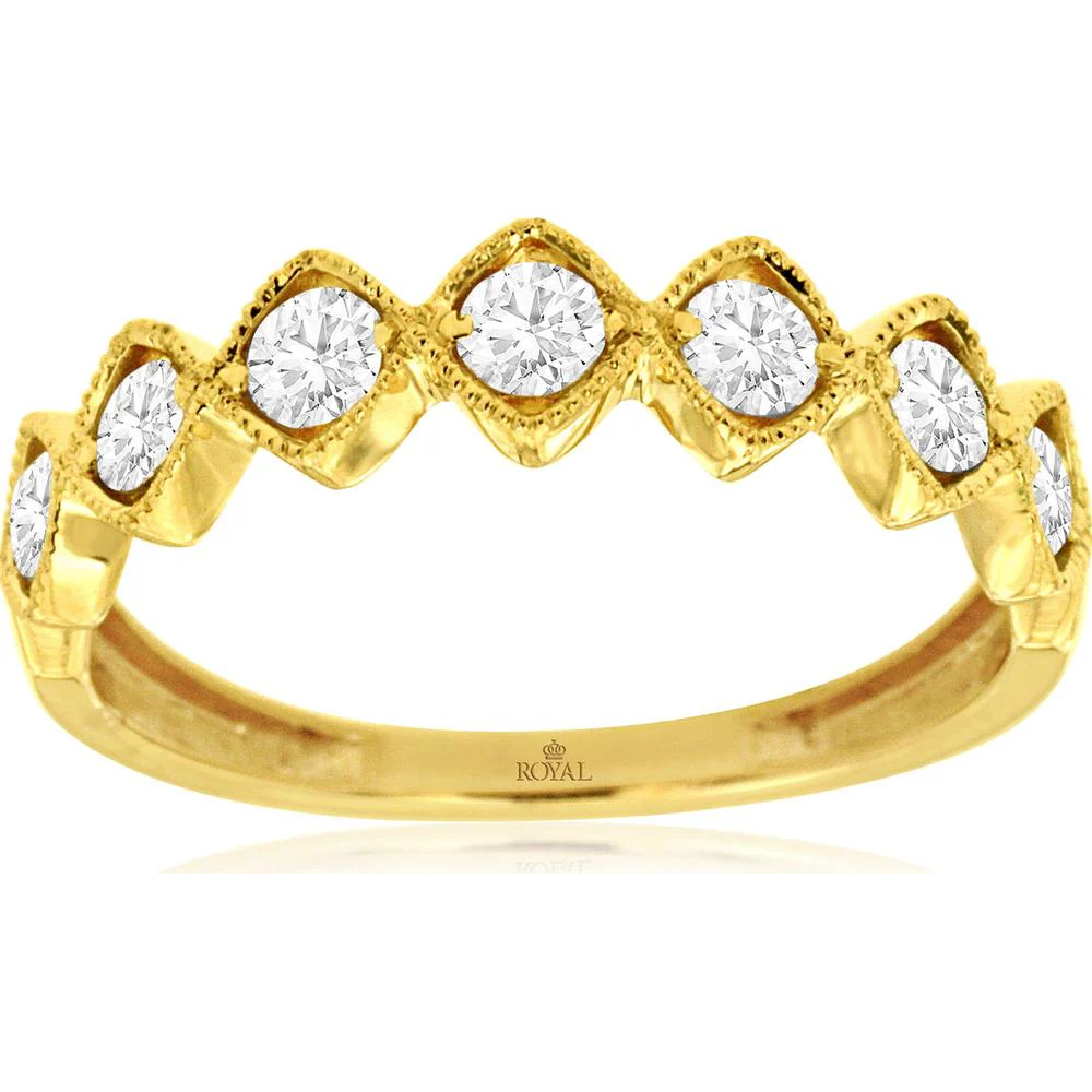 14K Yellow Gold Scalloped Wedding Band with Milgrain-Set Round Diamonds - 0.50 Carat Total Diamond Weight - Royal Jewelry