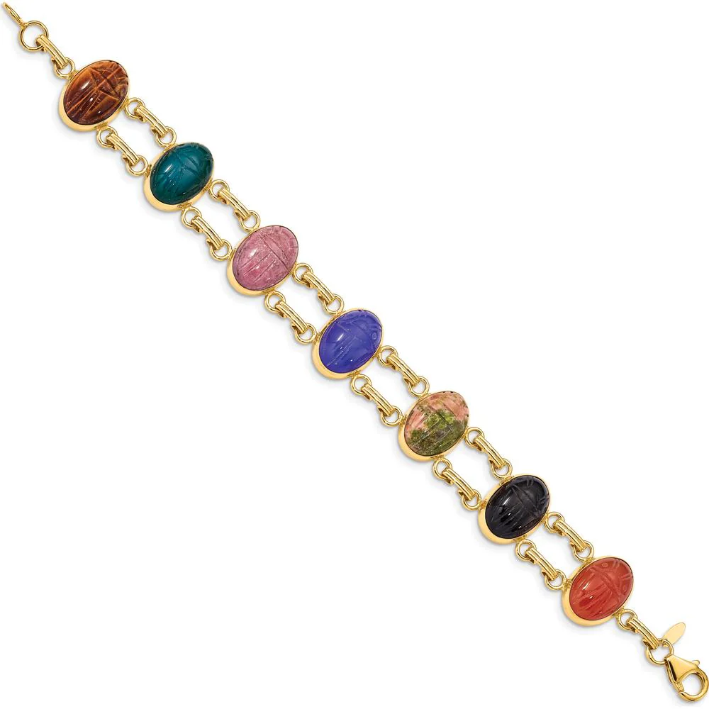 14K Yellow Gold Scarab Bracelet with Multi-Color Onyx, Carnelian, Epidote, and Tiger's Eye Stones - 7" Length by Oro Pregiato - Image 2