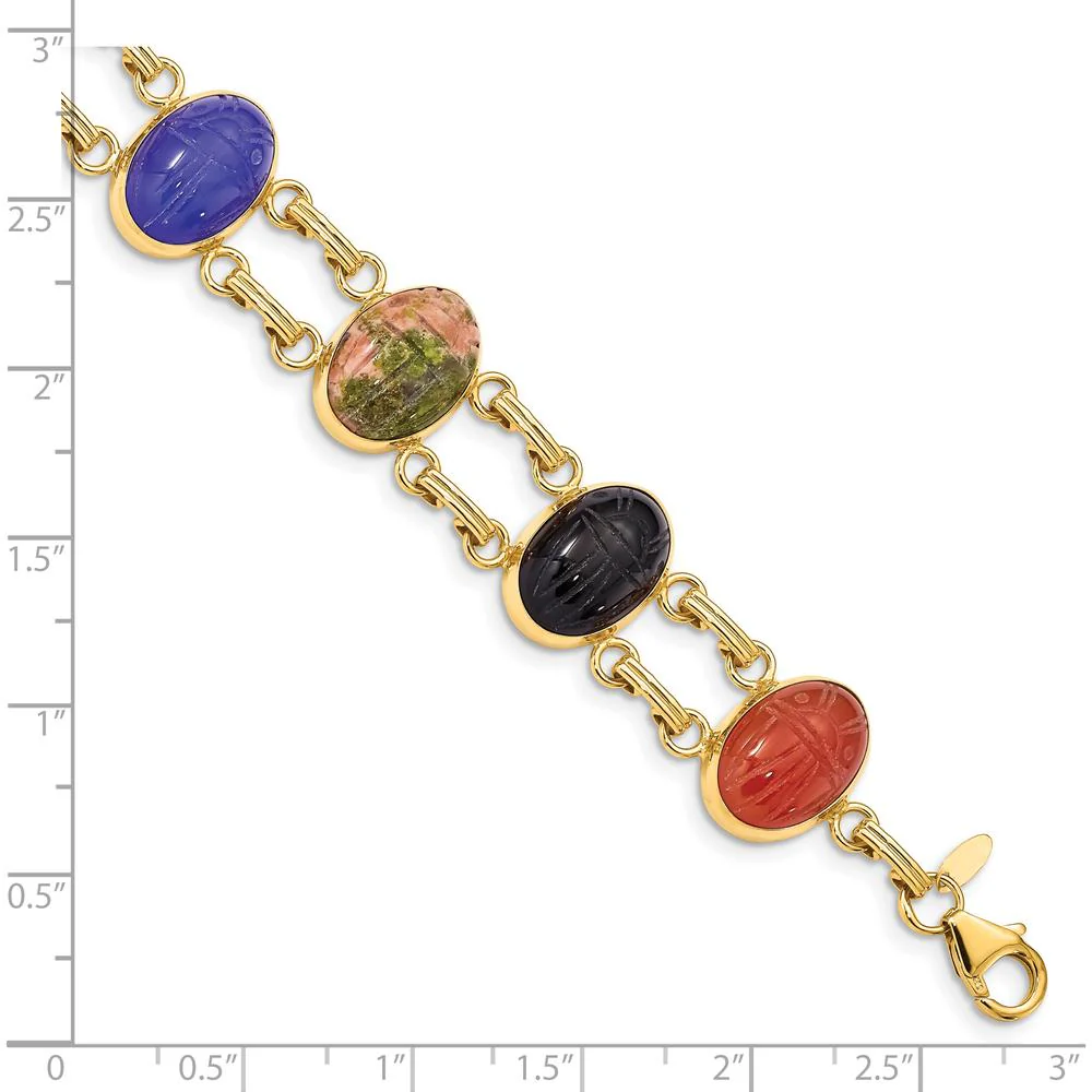 14K Yellow Gold Scarab Bracelet with Multi-Color Onyx, Carnelian, Epidote, and Tiger's Eye Stones - 7" Length by Oro Pregiato - Image 3