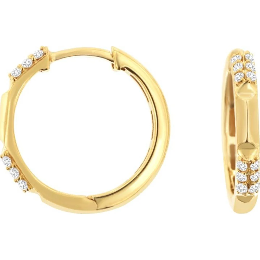 14K Yellow Gold Small Diamond Hoop Earrings with Double Row Round Brilliant Cut Stones - 0.20 Carat Total Weight - Royal Jewelry