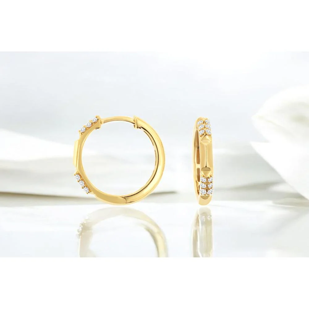 14K Yellow Gold Small Diamond Hoop Earrings with Double Row Round Brilliant Cut Stones - 0.20 Carat Total Weight - Royal Jewelry - Image 2