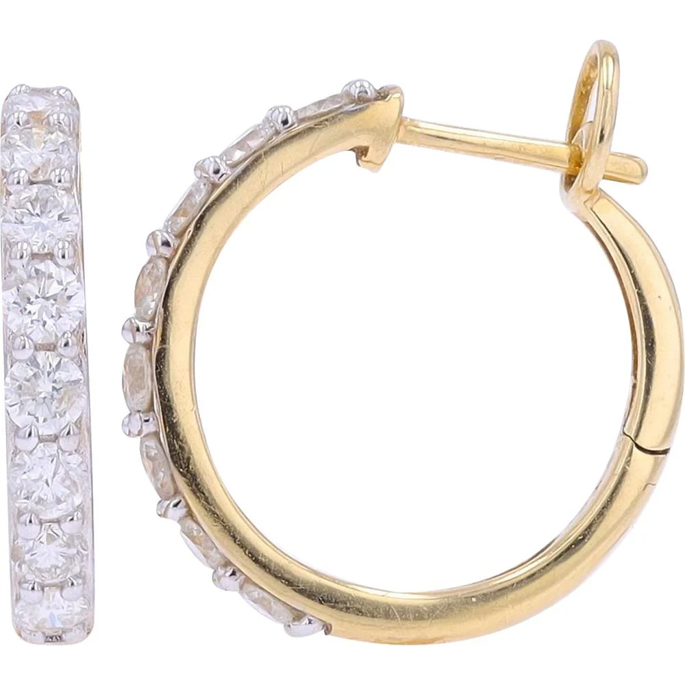14K Yellow Gold Small Hoop Earrings with 1.00 Carat Total Round Prong - Set Diamonds