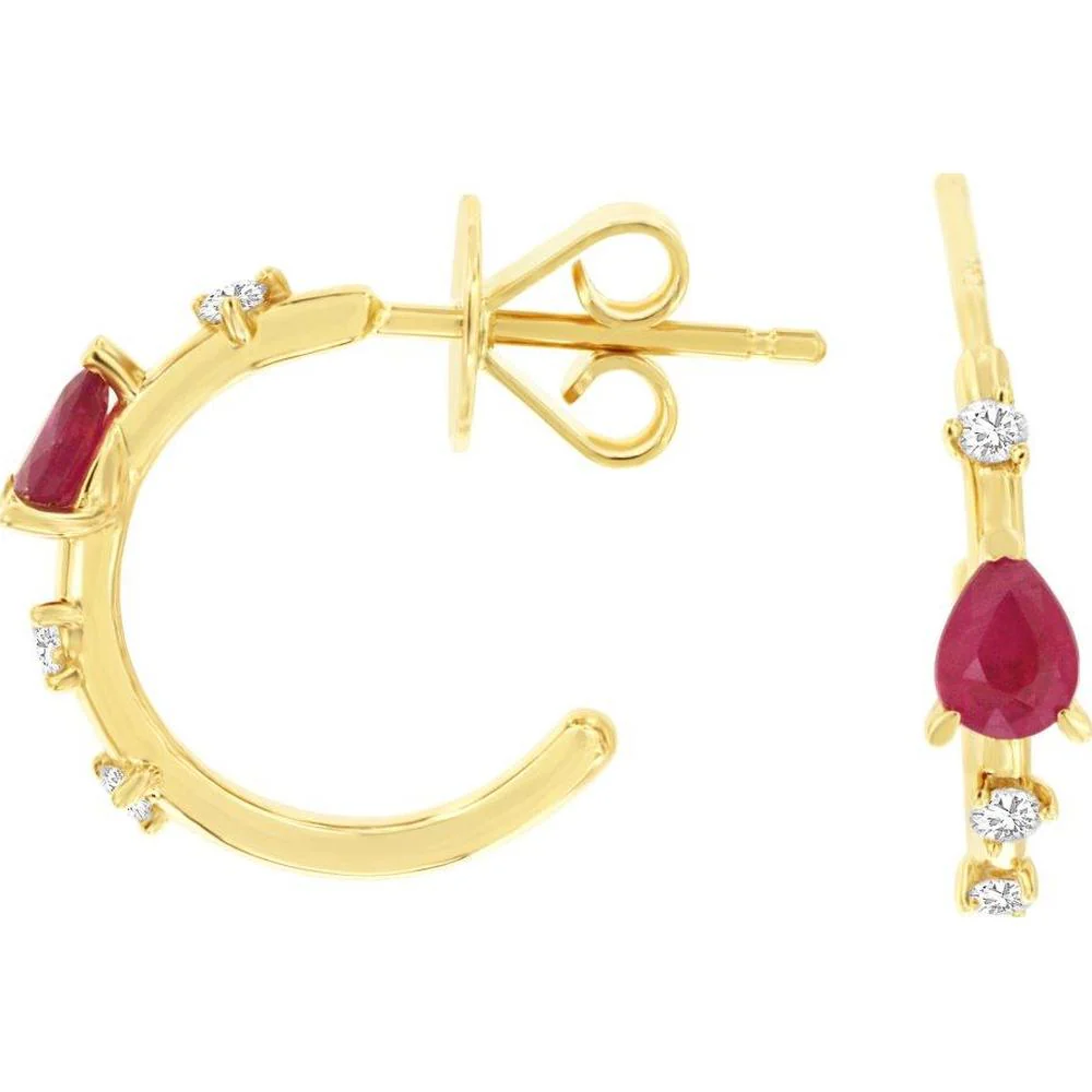 14K Yellow Gold Small Hoop Earrings with Pear Cut Rubies and Round Diamond Accents - 0.35 Carat Total Ruby Weight, 0.10 Carat Total Diamond Weight - Royal Jewelry