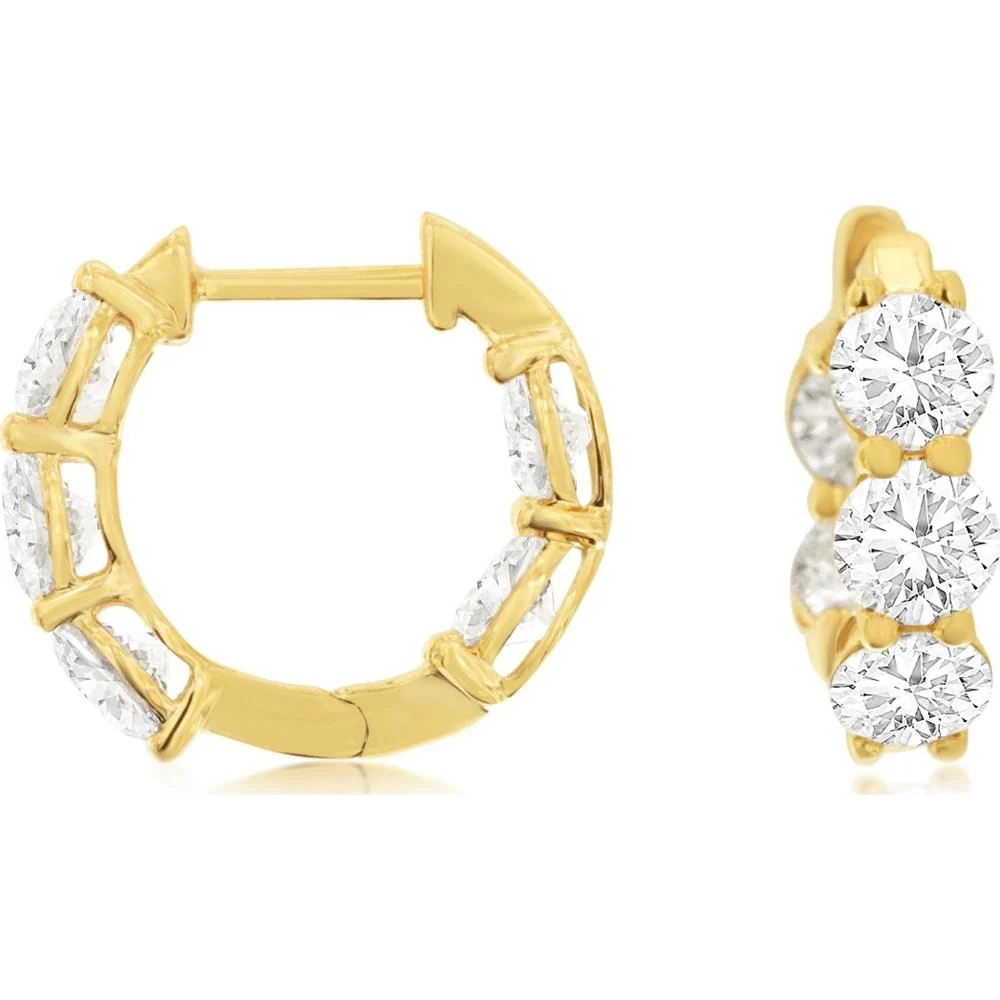 14K Yellow Gold Small Hoop Earrings with Round Lab Grown Diamonds - 3.00 Carat Total Diamond Weight - Royal Jewelry