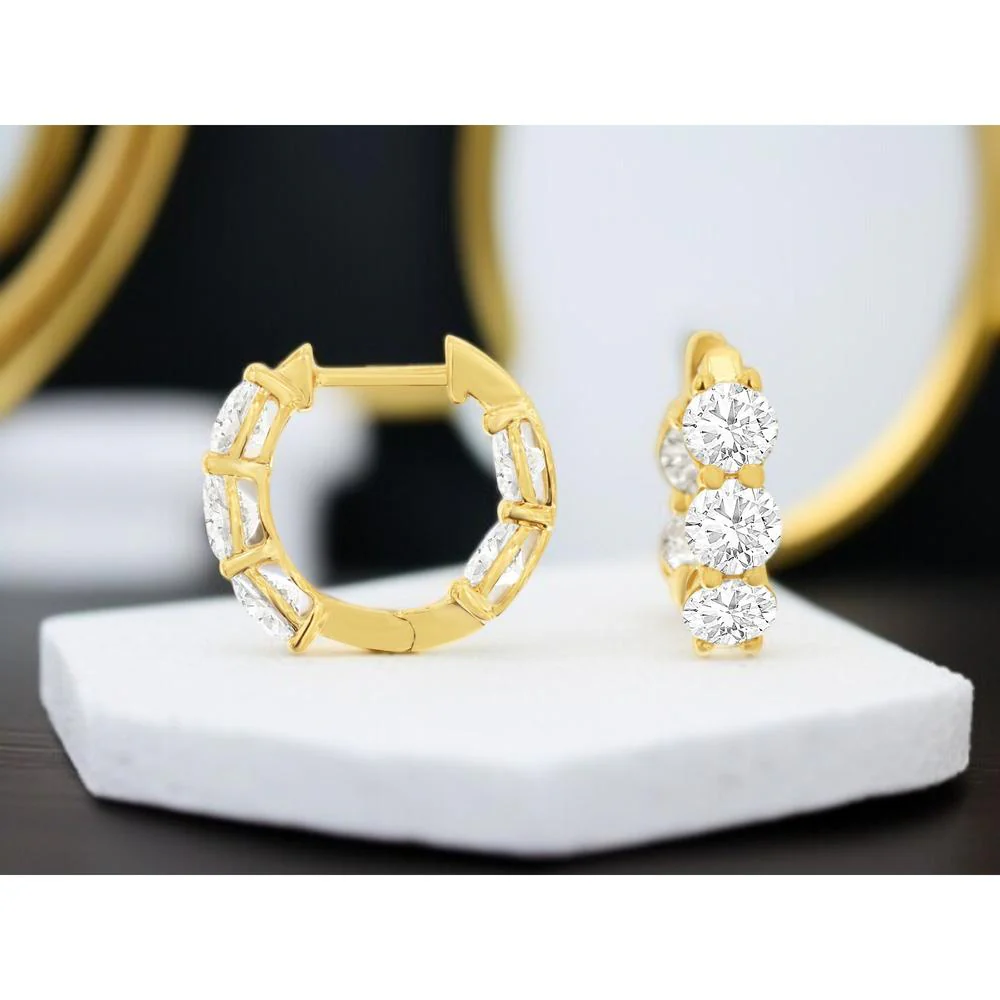 14K Yellow Gold Small Hoop Earrings with Round Lab Grown Diamonds - 3.00 Carat Total Diamond Weight - Royal Jewelry - Image 2