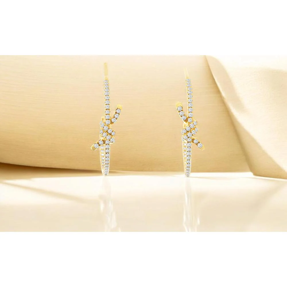14K Yellow Gold Small Hoop Knot Earrings with Round Diamonds - 0.30 Carat Total Diamond Weight - Royal Jewelry - Image 2