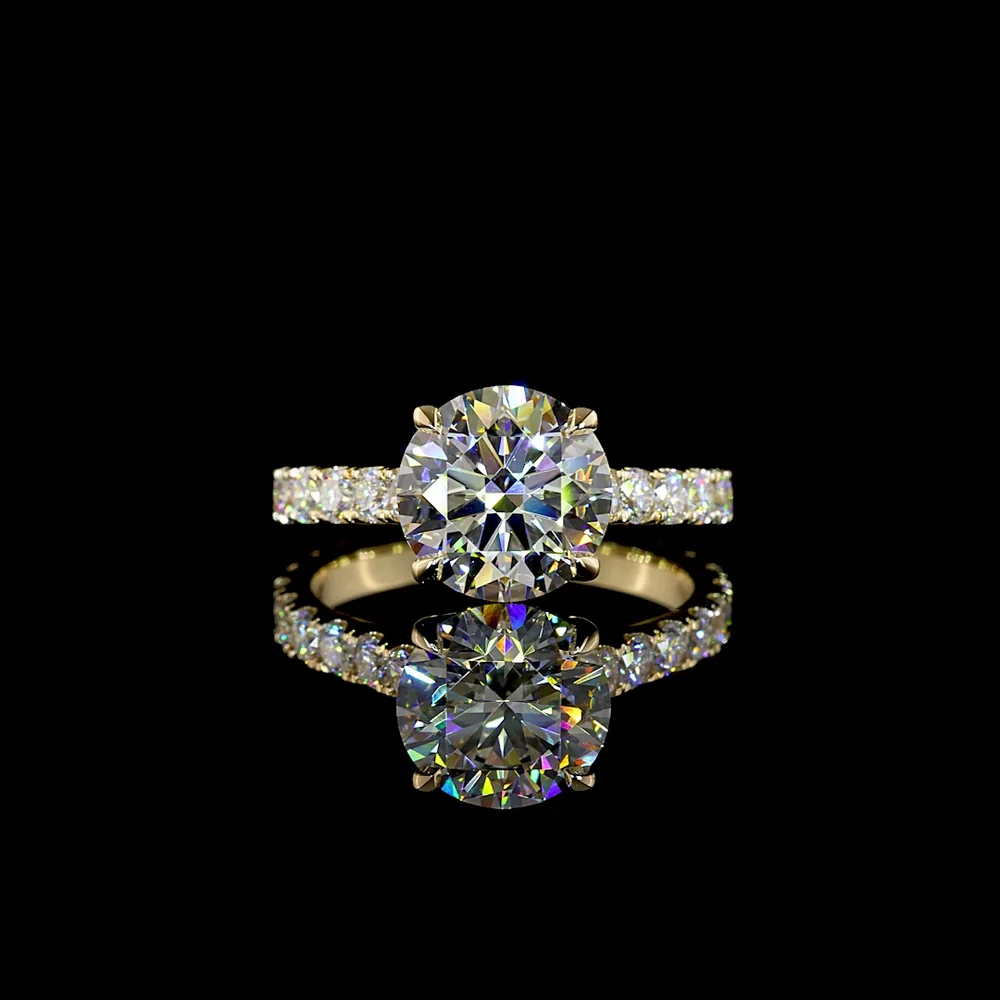 14K Yellow Gold Solitaire Diamond Shank Ring with 3.00 Carat Round Brilliant Lab Diamond Center and 1.02 Carat Accent Diamonds - 4.02 Total Carat Weight - Covaloro Fine Jewelry