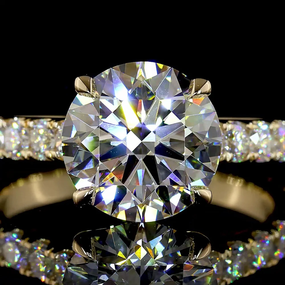 14K Yellow Gold Solitaire Diamond Shank Ring with 3.00 Carat Round Brilliant Lab Diamond Center and 1.02 Carat Accent Diamonds - 4.02 Total Carat Weight - Covaloro Fine Jewelry - Image 2