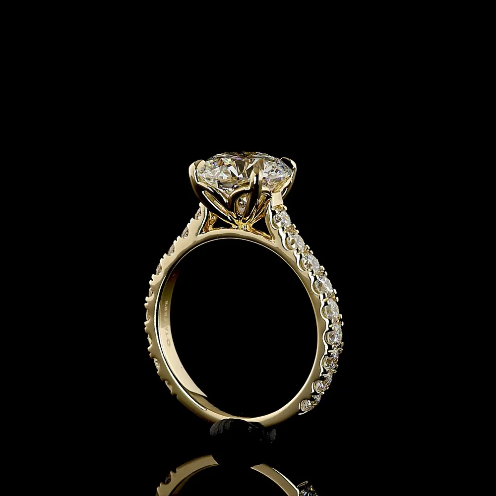 14K Yellow Gold Solitaire Diamond Shank Ring with 3.00 Carat Round Brilliant Lab Diamond Center and 1.02 Carat Accent Diamonds - 4.02 Total Carat Weight - Covaloro Fine Jewelry - Image 3