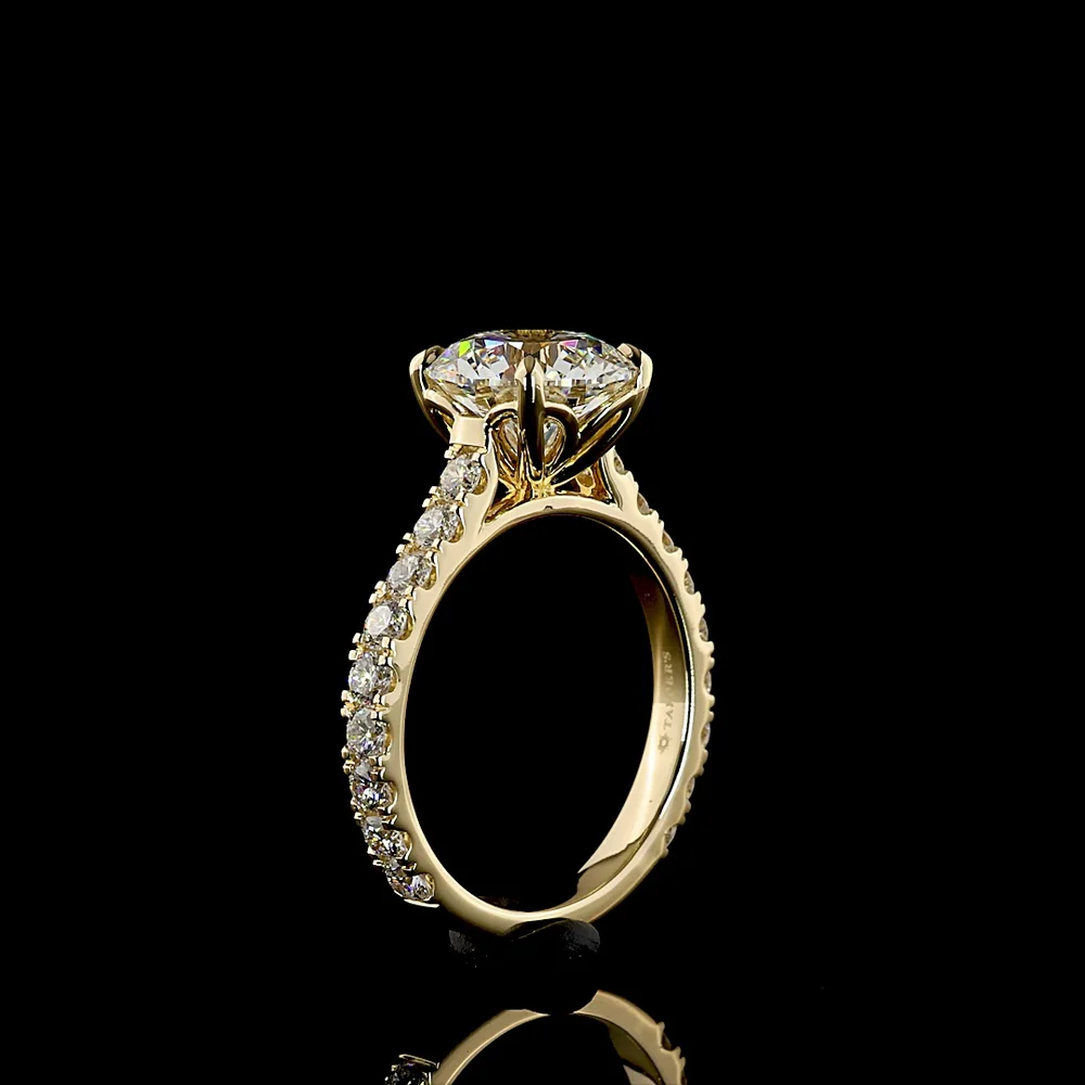 14K Yellow Gold Solitaire Diamond Shank Ring with 3.00 Carat Round Brilliant Lab Diamond Center and 1.02 Carat Accent Diamonds - 4.02 Total Carat Weight - Covaloro Fine Jewelry - Image 4
