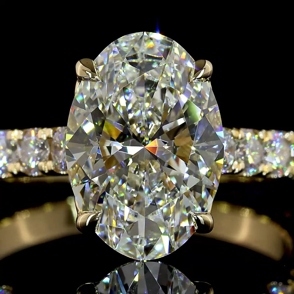 14K Yellow Gold Solitaire Diamond Shank Ring with 3.03 Carat Oval Cut Lab Diamond and 0.98 Carat Brilliant Round Accent Diamonds - 4.01 Carat Total Diamond Weight - Covaloro Fine Jewelry - Image 2