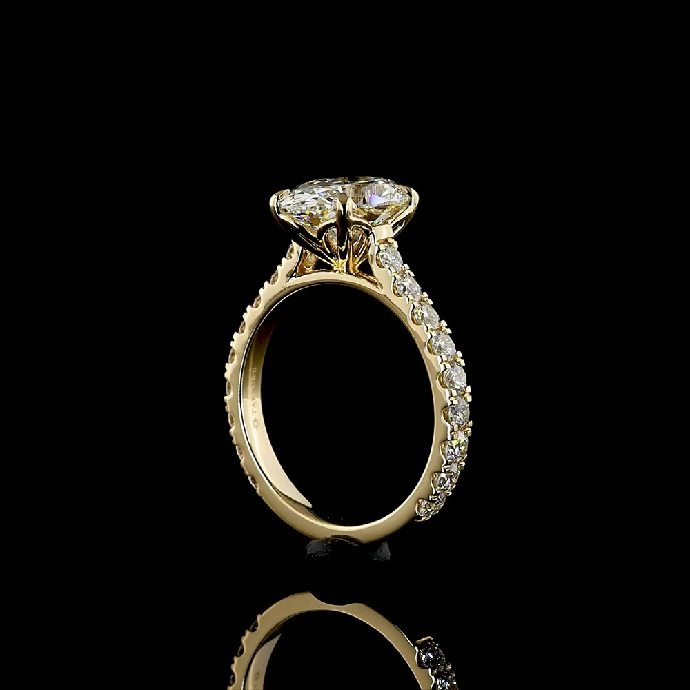14K Yellow Gold Solitaire Diamond Shank Ring with 3.03 Carat Oval Cut Lab Diamond and 0.98 Carat Brilliant Round Accent Diamonds - 4.01 Carat Total Diamond Weight - Covaloro Fine Jewelry - Image 3