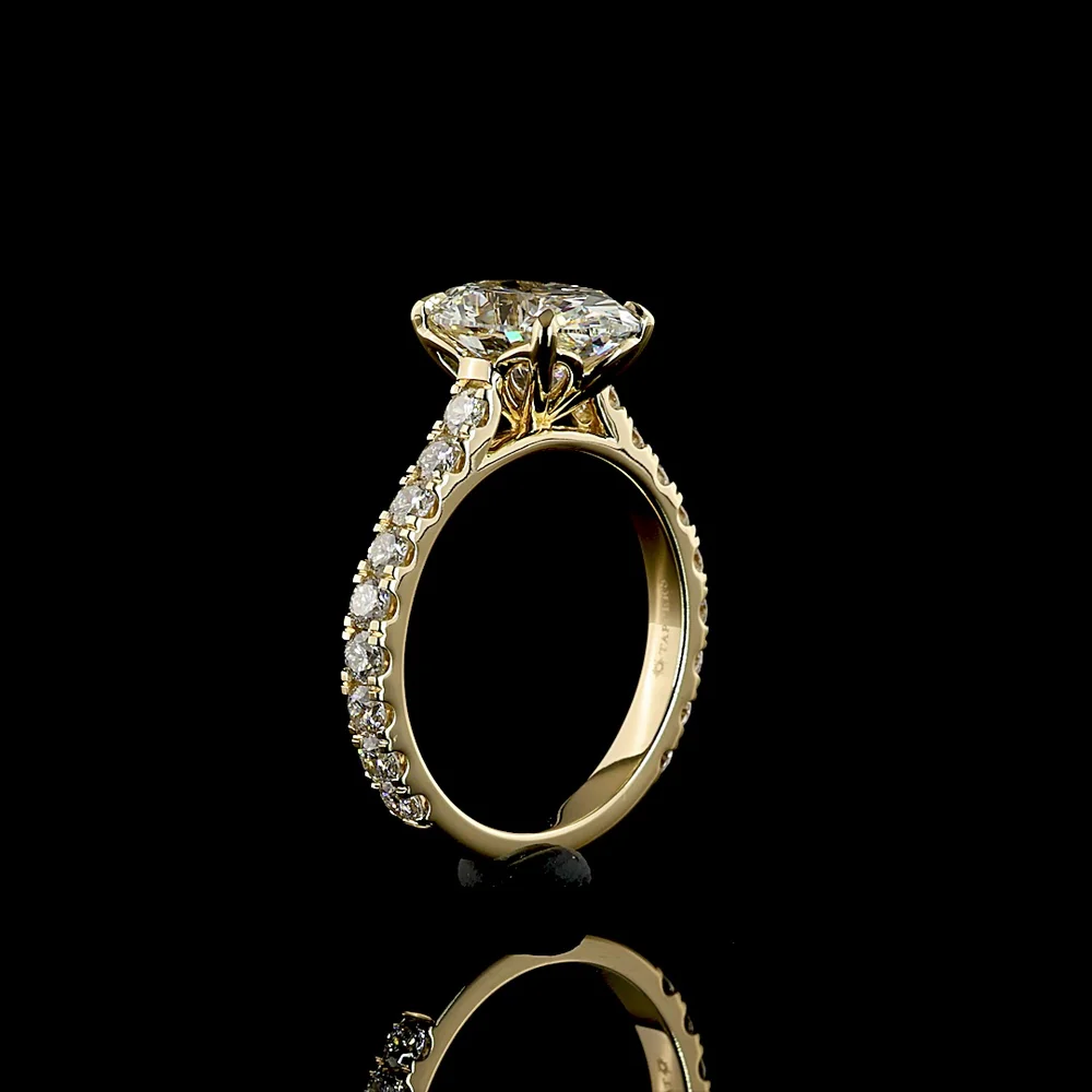 14K Yellow Gold Solitaire Diamond Shank Ring with 3.03 Carat Oval Cut Lab Diamond and 0.98 Carat Brilliant Round Accent Diamonds - 4.01 Carat Total Diamond Weight - Covaloro Fine Jewelry - Image 4
