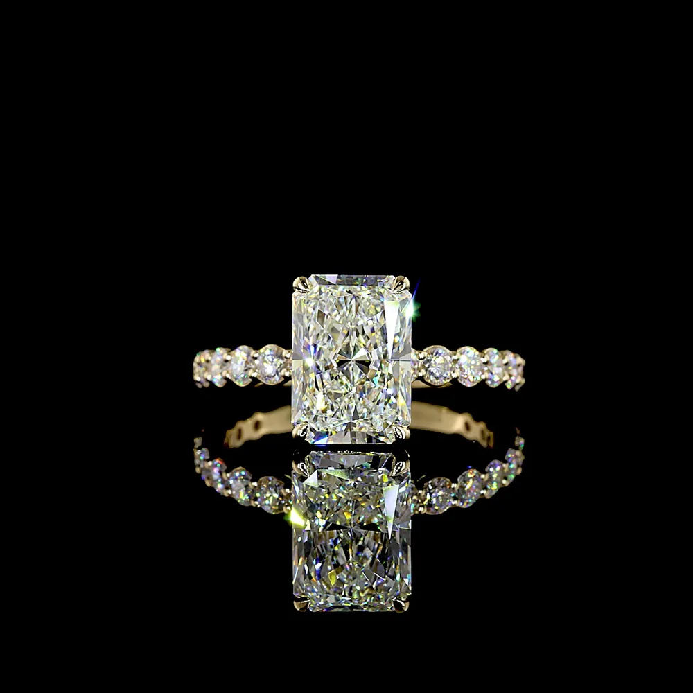 14K Yellow Gold Solitaire Diamond Shank Ring with 3.06 Carat Radiant Cut Lab Diamond Center and 0.85 Carat Round Brilliant Side Stones - IGI Certified 3.91 Total Carat Weight - Covaloro Fine Jewelry