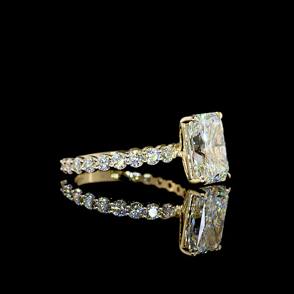 14K Yellow Gold Solitaire Diamond Shank Ring with 3.06 Carat Radiant Cut Lab Diamond Center and 0.85 Carat Round Brilliant Side Stones - IGI Certified 3.91 Total Carat Weight - Covaloro Fine Jewelry - Image 2