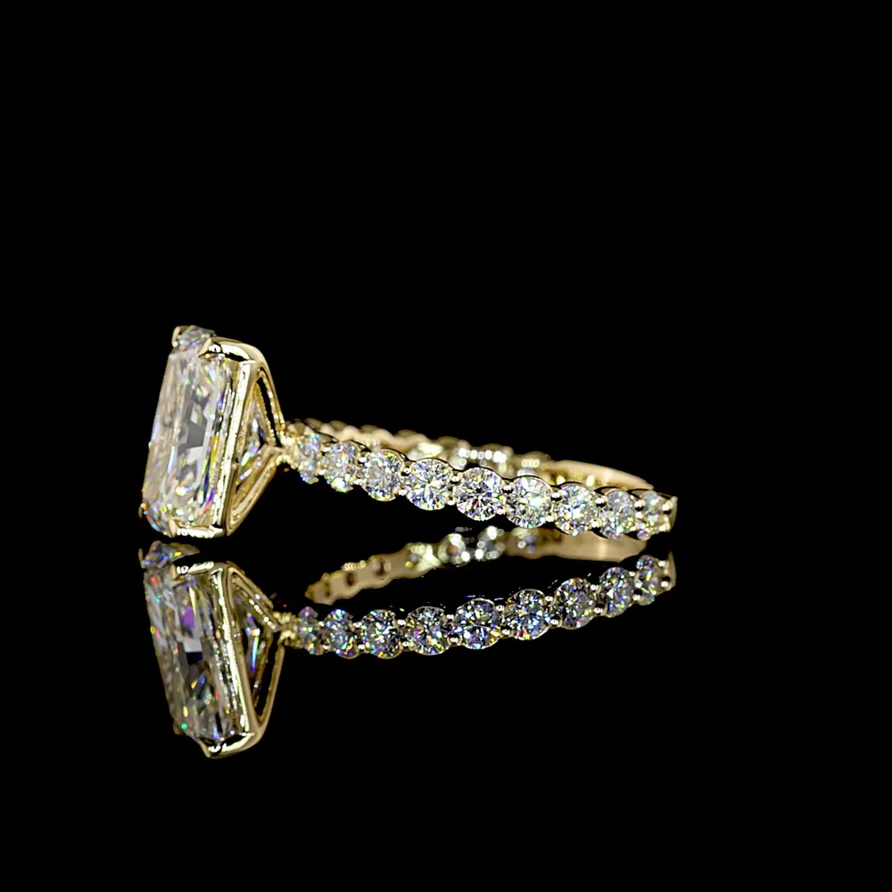 14K Yellow Gold Solitaire Diamond Shank Ring with 3.06 Carat Radiant Cut Lab Diamond Center and 0.85 Carat Round Brilliant Side Stones - IGI Certified 3.91 Total Carat Weight - Covaloro Fine Jewelry - Image 3