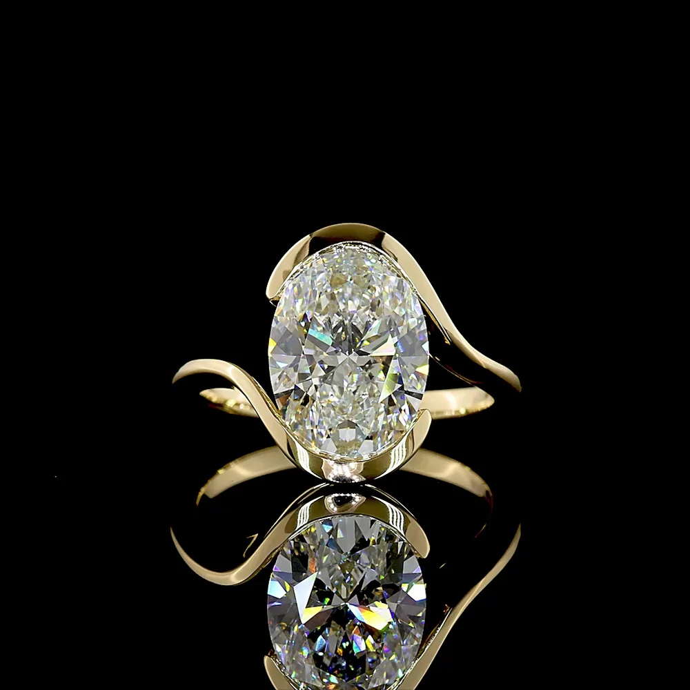 14K Yellow Gold Solitaire Ring with North-South Half Bezel Set Oval Cut Lab Diamond - 3.61 Carat Total Weight, E-F Color, VS1 Clarity - Covaloro Fine Jewelry