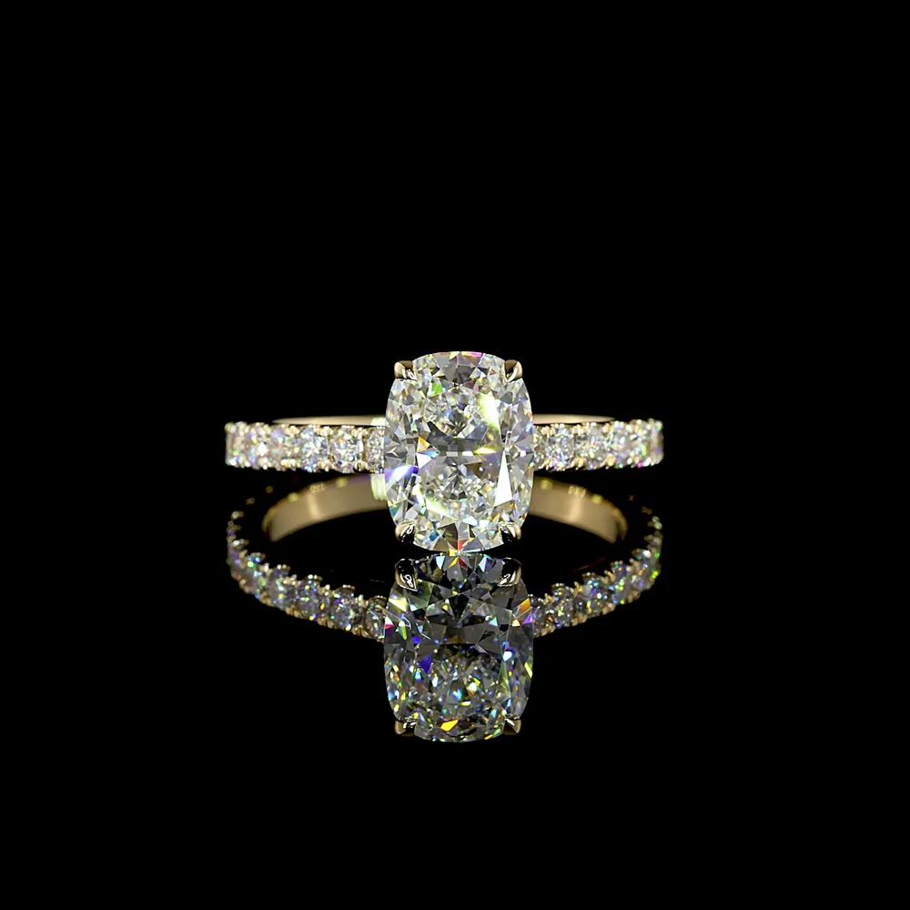 14K Yellow Gold Solitaire Shank Ring with 2.02 Carat Cushion Brilliant Cut D VVS2 Lab Diamond and 0.66 Carat Round Diamond Accents - 2.68 Total Carat Weight - Covaloro Fine Jewelry