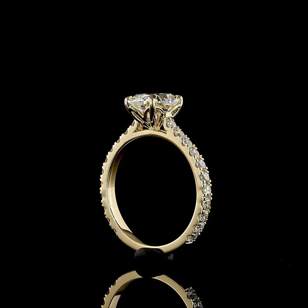 14K Yellow Gold Solitaire Shank Ring with 2.02 Carat Cushion Brilliant Cut D VVS2 Lab Diamond and 0.66 Carat Round Diamond Accents - 2.68 Total Carat Weight - Covaloro Fine Jewelry - Image 3