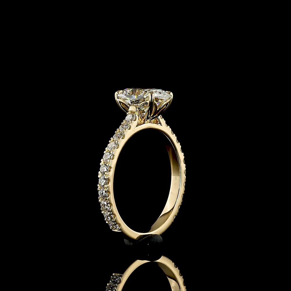 14K Yellow Gold Solitaire Shank Ring with 2.02 Carat Cushion Brilliant Cut D VVS2 Lab Diamond and 0.66 Carat Round Diamond Accents - 2.68 Total Carat Weight - Covaloro Fine Jewelry - Image 4
