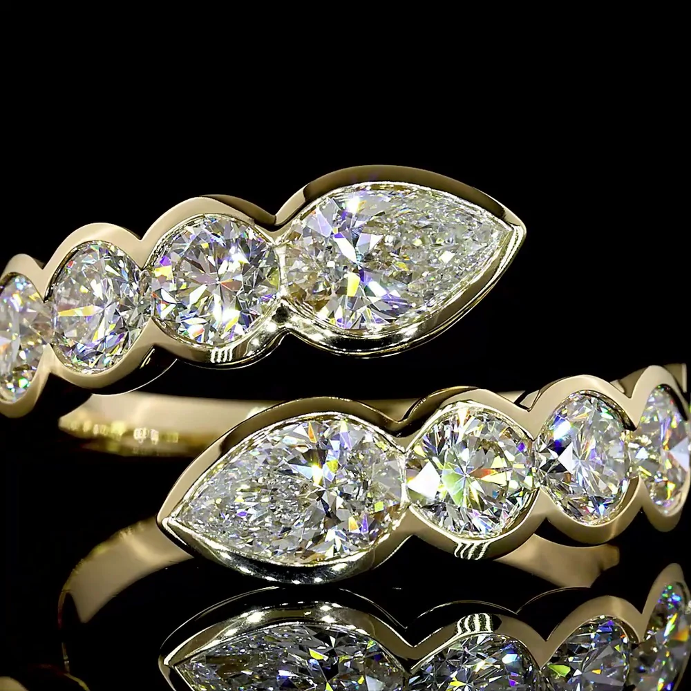 14K Yellow Gold Special Inclined Ring with Pear and Round Lab Diamonds - 2.82 Carats Total Diamond Weight - Covaloro Fine Jewelry - Image 2