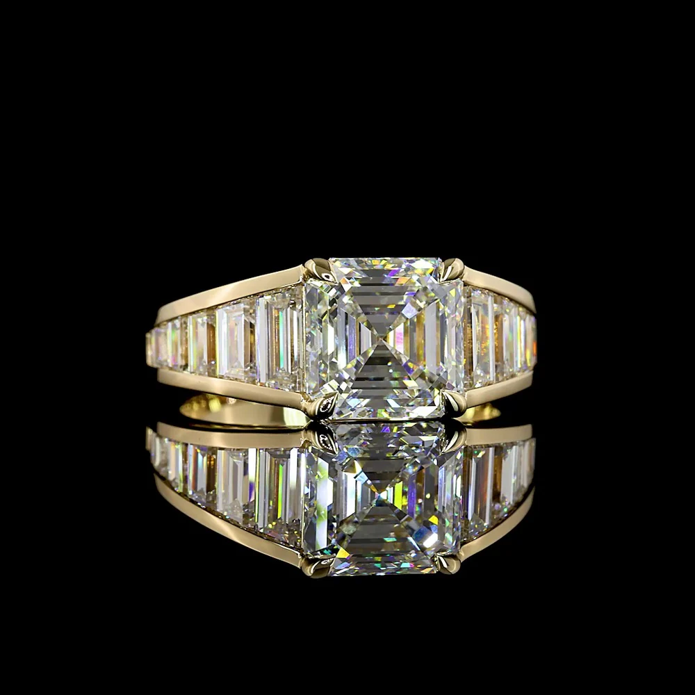 14K Yellow Gold Special Ring with 3.03 Carat Asscher Cut Lab Diamond and Trapezoid and Baguette Diamonds - 4.92 Carat Total Diamond Weight - Covaloro Fine Jewelry