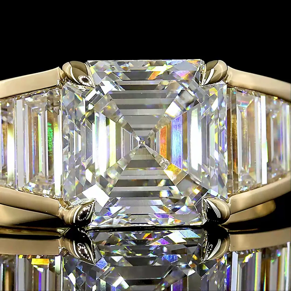 14K Yellow Gold Special Ring with 3.03 Carat Asscher Cut Lab Diamond and Trapezoid and Baguette Diamonds - 4.92 Carat Total Diamond Weight - Covaloro Fine Jewelry - Image 2