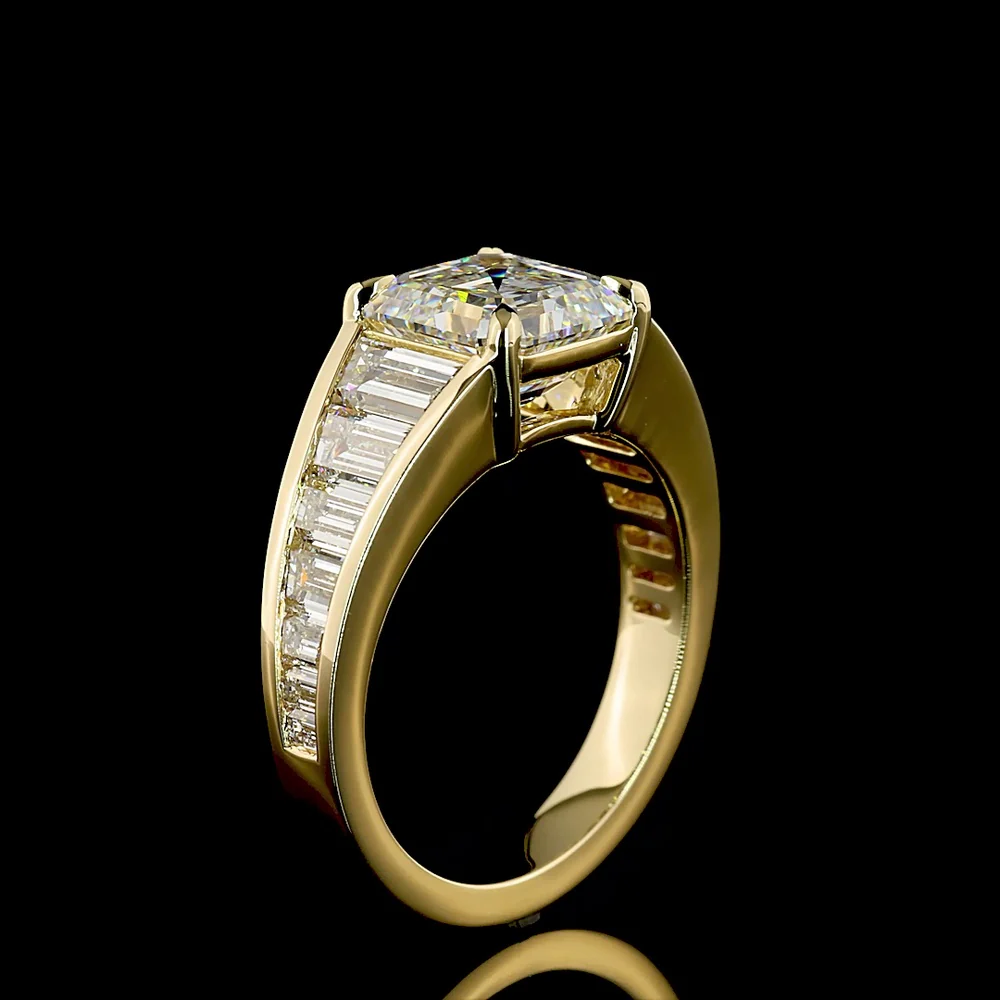 14K Yellow Gold Special Ring with 3.03 Carat Asscher Cut Lab Diamond and Trapezoid and Baguette Diamonds - 4.92 Carat Total Diamond Weight - Covaloro Fine Jewelry - Image 4