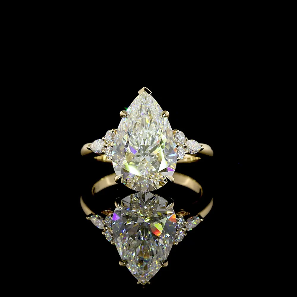 14K Yellow Gold Special Ring with North-South Pear Shape Lab Diamond and Marquise & Round Accents - 4.76 Carats Total Diamond Weight - Covaloro Fine Jewelry