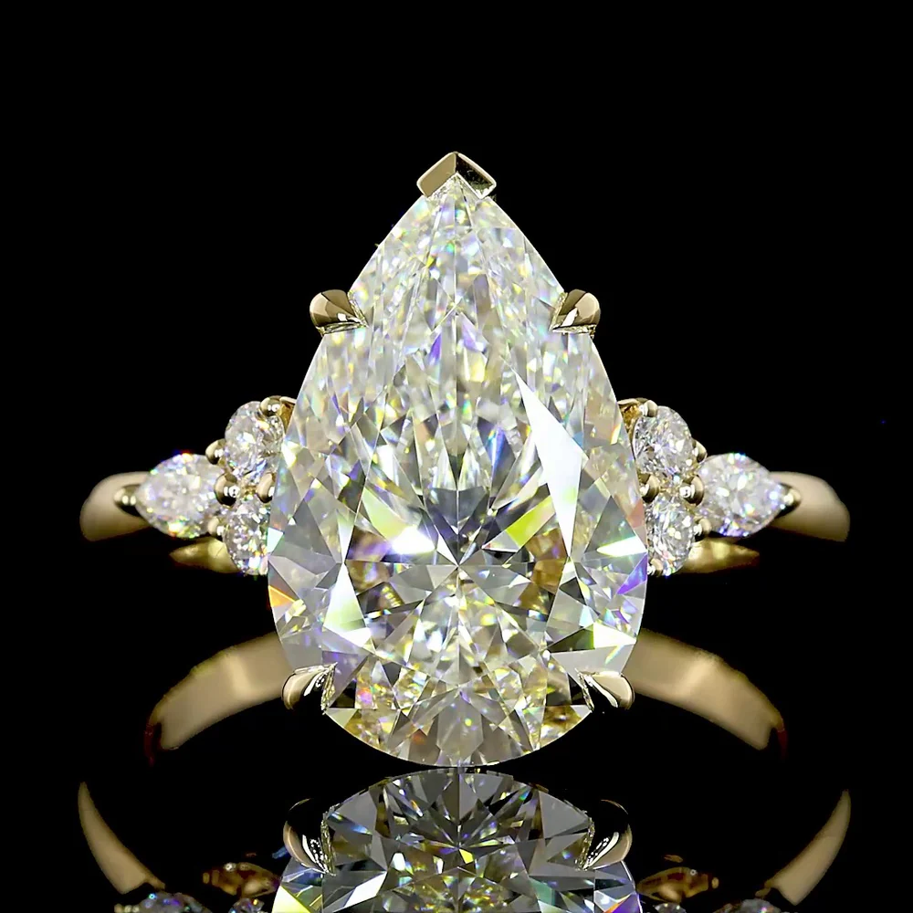 14K Yellow Gold Special Ring with North-South Pear Shape Lab Diamond and Marquise & Round Accents - 4.76 Carats Total Diamond Weight - Covaloro Fine Jewelry - Image 2
